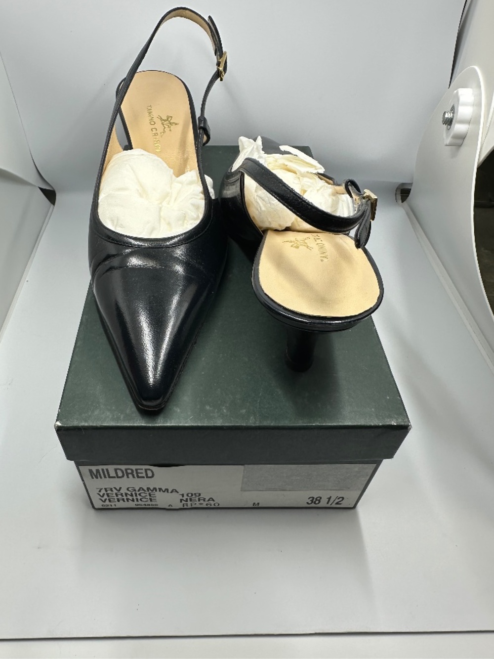 Tanino Crisci Mildred Black Patent Leather Slingback Heels Size 38.5 Box
